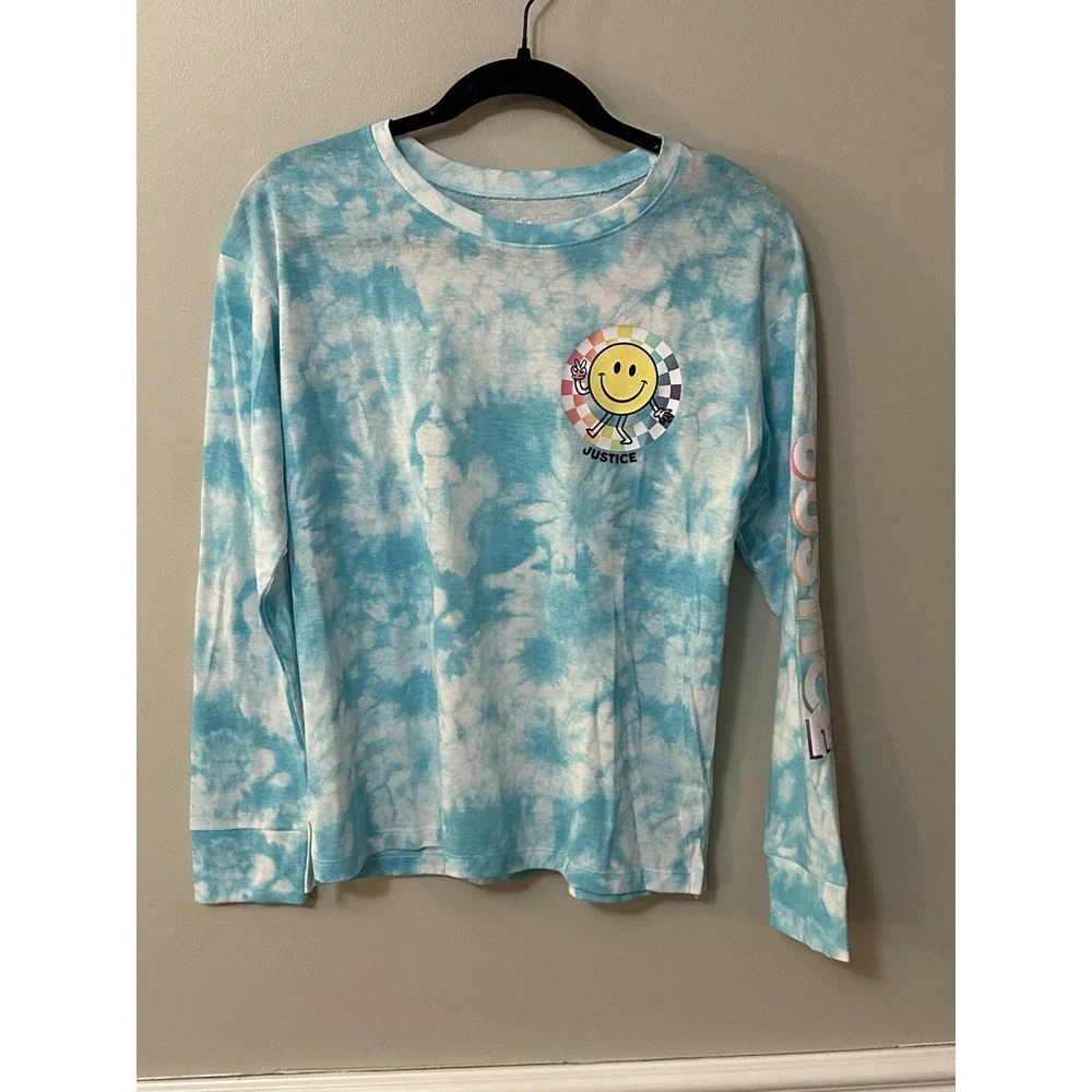 Justice Girls Oversize Top Turquoise 11/14 LargeTie Dye Long Sleeve Graphic Logo